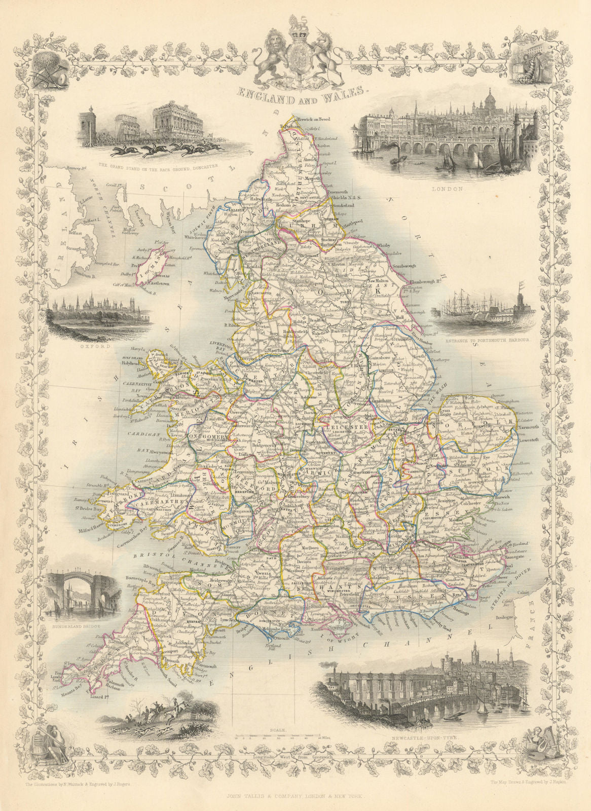 ENGLAND & WALES. London Newcastle Doncaster races views. TALLIS/RAPKIN 1851 map